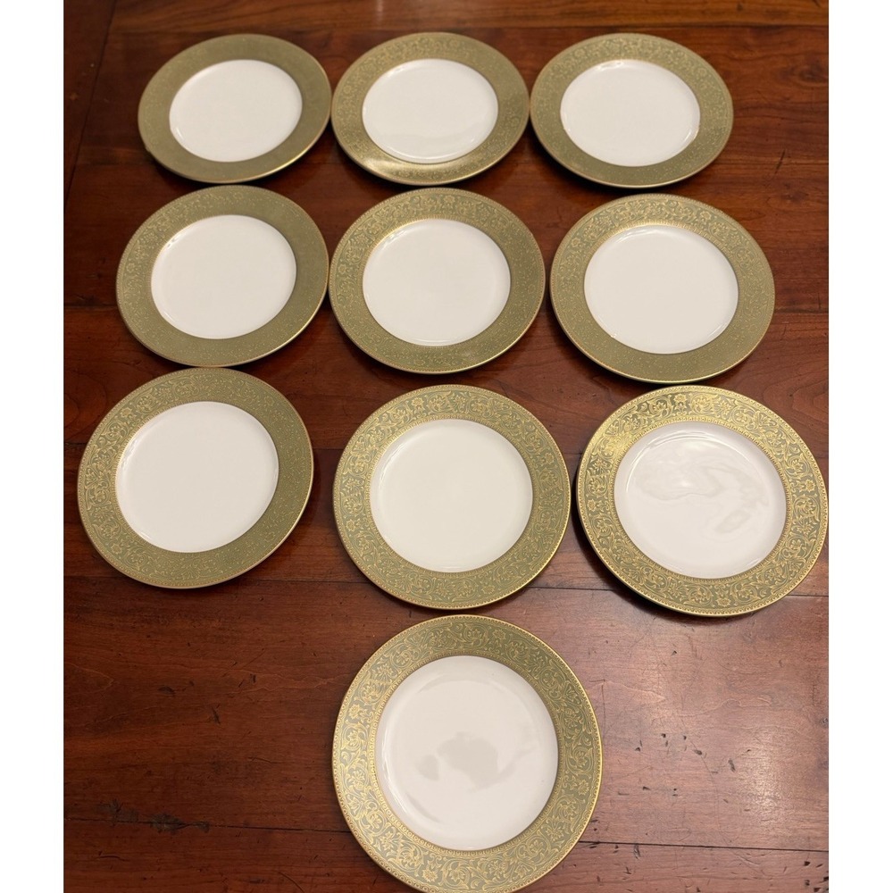 Set of 10 Sango Versailles 3632 Salad Plates 7.75" Green Gold Vintage Japan